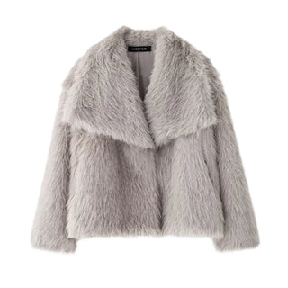 HH Women Fashion Cropped Faux Fur Jacket Coat Long Sleeve Front Snap-button Female Outerwear Chic Lapel Collar Thick Coat