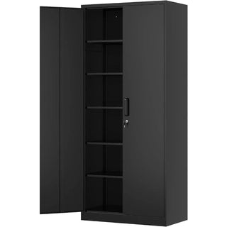 Metal Storage Cabinet-71” Tall Steel File Cabinets with Lockable Doors and Adjustable Shelves-Black Steel Storage Cabinet for Ho