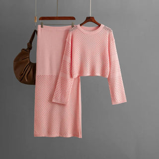 Women's clothing 2025 new summer long sleeved hollow knitted sweater long skirt fashion two-piece dress set skirt sets