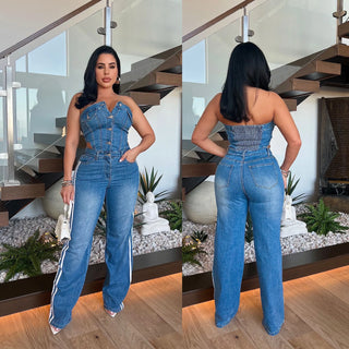 Demin Overalls Jumpsuits Women One Piece Strapless Sleeveless Long Pants Wide Leg Pant Rompers Y2k Streetwear Slim Fit 2025
