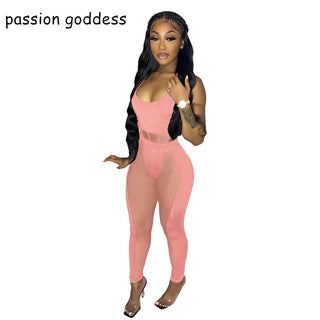 Spaghetti Strap Bodycon Sexy Two Piece Set Women Summer 2022 See Through Mesh Patchwork Club Party Outfits Pants and Top Suits