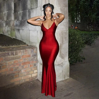 Weird Puss Sexy Evening Maxi Dress Backless Women Coquette Folds V-Neck Sleeveless Elegant Mermaid Birthday Banquet Prom Bodycon