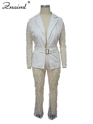 Znaiml Black Mesh Patchwork Two 2 Pieces Sets Women Elegant Blazer Sashes and Sheer See Through Flared Pants Office Lady Outfits