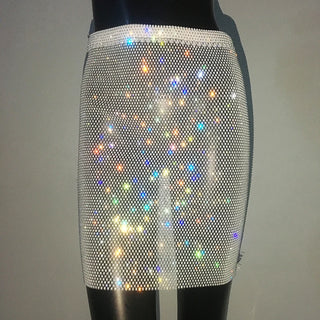 Sparkly Diamond Fancy Party Club Outfits For Women Sexy Crop Top Fishnet Rhinestone See Through Skirt Y2K Festival Rave Clothing