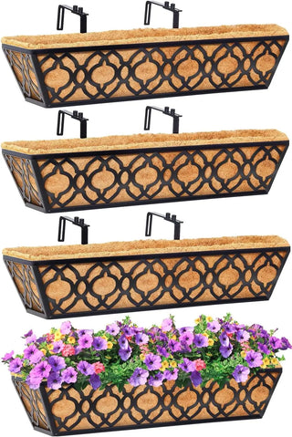 4pcs 24 Inch Window Deck with Coconut Coir Liner, 24" Railing Planter Horse Trough Coco Basket Boxes Metal Hanging Flower