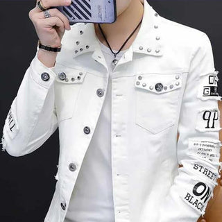 Men's Denim Jacket Short Rivet Casual Slim White Male Jean Coats Korea Lxury Washed in Lowest Price Size L of Fabric Rock Joker