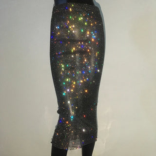 Sparkly Diamond Fancy Party Club Outfits For Women Sexy Crop Top Fishnet Rhinestone See Through Skirt Y2K Festival Rave Clothing