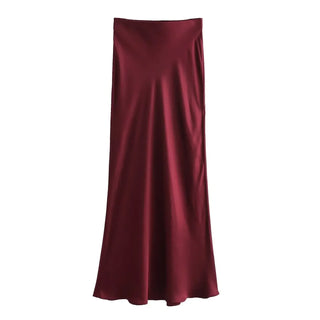 TRAFZA 2024 Y2K Casual Women Long Skirt Spring Elastic High Waisted A-Line Casual Female Satin Skirts High Street Lady Skirts