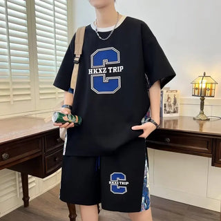 New S-6XL Summer Men's Tracksuit Set Korean Casual Sports Suit Breathable T-shirts Shorts 2 Piece Set High Street Men's Clothing