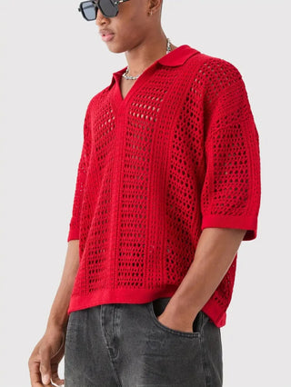 LVLAEA Hollow Out Mesh Men Spring Beachwear Pullover Polo-neck V-neck Open Short Sleeve Breathable Casual Crochet Top for Men