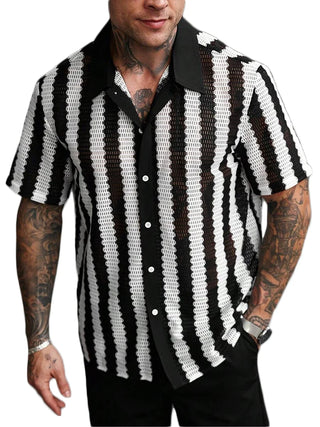 Trendy Mens Knitted Shirts 2025 Summer Casual Hollow Out Breathable Cardigans Men Beach Fashion Short Sleeve Striped Knit Shirt