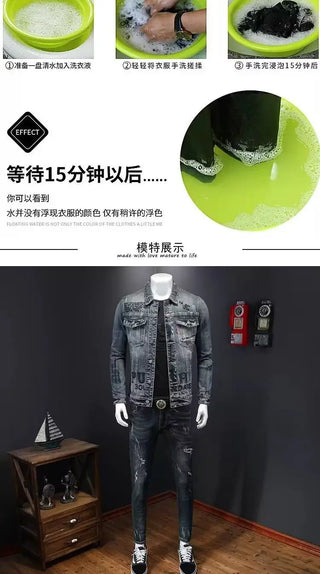 New men's denim jacket fashion casual lapel handsome motorcycle jacket high street retro trend loose denim top men's clothing