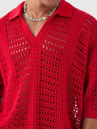 LVLAEA Hollow Out Mesh Men Spring Beachwear Pullover Polo-neck V-neck Open Short Sleeve Breathable Casual Crochet Top for Men