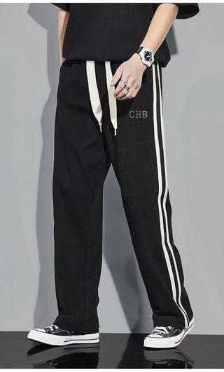 Fleece Thick Warm Straight Casual Pants Men Autumn Winter New Patchwork Striped Drawstring Waist Loose Versatile Sports Trousers