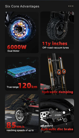 S3 Electric Scooter 6000W Dual Motor 60V-38AH Battery Top Speed 85km/h Max Range 120km Foldable 11inch Tires Max load 400kg