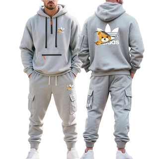 Autumn and Winter Printed New Men's Velvet Hoodie, Work Clothes, Pants Set, Sports Fashion, Leisure Multi Pocket 2-piece Set