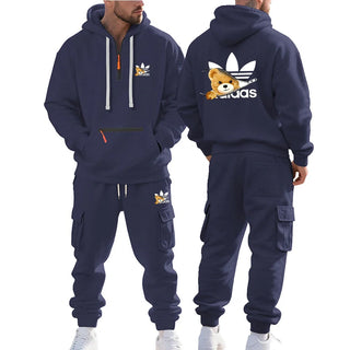 Autumn and Winter Printed New Men's Velvet Hoodie, Work Clothes, Pants Set, Sports Fashion, Leisure Multi Pocket 2-piece Set