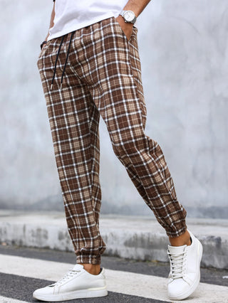Men's Plaid Print Cuffed Casual Trousers Comfortable Sleepwear Pajamas Pants for Relaxed Style