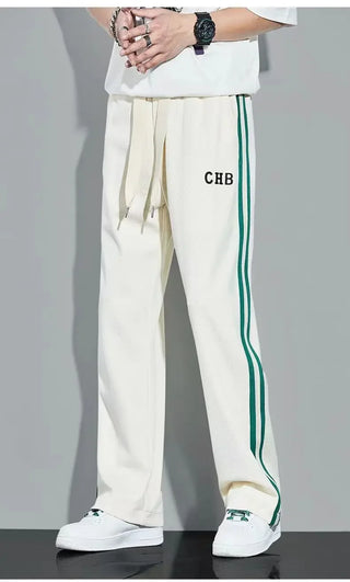 Fleece Thick Warm Straight Casual Pants Men Autumn Winter New Patchwork Striped Drawstring Waist Loose Versatile Sports Trousers