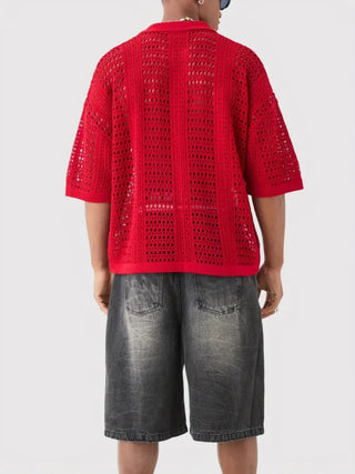 LVLAEA Hollow Out Mesh Men Spring Beachwear Pullover Polo-neck V-neck Open Short Sleeve Breathable Casual Crochet Top for Men