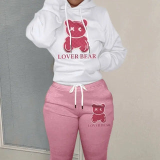 Autumn and winter women's loose and fashionable plus size cartoon bear print hooded sweater+woolen pants set
