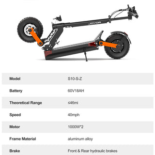 JOYOR S10-S-Z Folding Electric Scooter 1000W*2 Dual Motors 60V18AH High-capacity Battery 10*3.0 Widen Tires 75Km Max Range