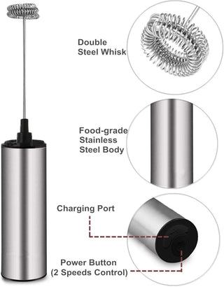 Rechargeable Stainless Steel Milk Frother 2 Speeds for Latte Cappuccino Espresso Home And Barista Use