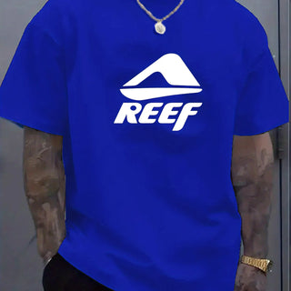 Men's summer 100% pure cotton fashionable casual loose geometric pattern REEF letter printed round neck short sleeved T-shirt