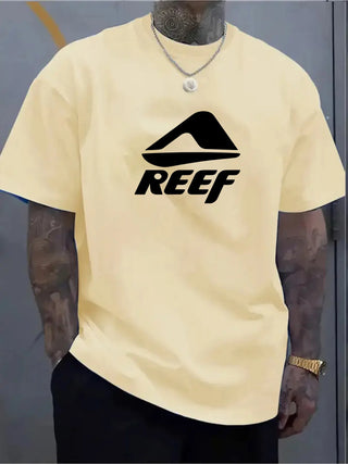 Men's summer 100% pure cotton fashionable casual loose geometric pattern REEF letter printed round neck short sleeved T-shirt