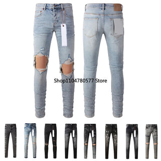 Fashion American Streetwear Distressed Vintage Men's Jeans Low Rise Stretch Skinny Button Fly Ripped Hold Pants
