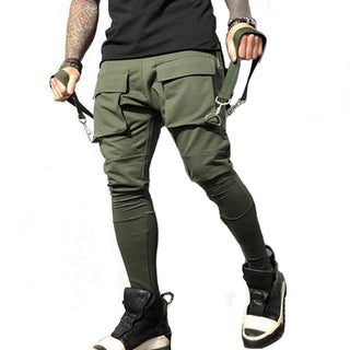 Mens Running Stretch Tights Sweatpants Sports Breathable Fitness Hip Hop Cotton Multi Pocket Cargo Pants Slim Leggings Chain