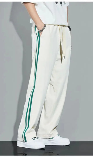 Fleece Thick Warm Straight Casual Pants Men Autumn Winter New Patchwork Striped Drawstring Waist Loose Versatile Sports Trousers