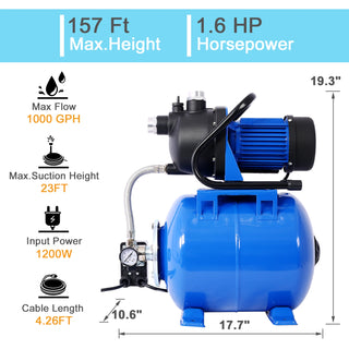 1.6 HP Shallow Well Pump Stainless Steel Water Transfer Camp Pumps Portable Garden Pump with Pressure Tank Automatic Operation