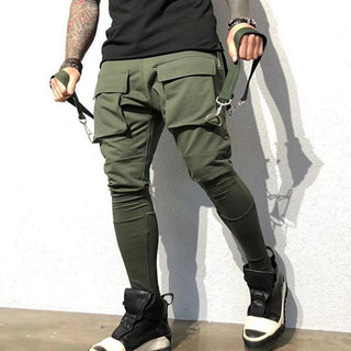 Mens Running Stretch Tights Sweatpants Sports Breathable Fitness Hip Hop Cotton Multi Pocket Cargo Pants Slim Leggings Chain