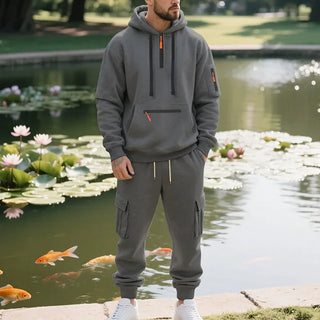 Autumn and Winter Printed New Men's Velvet Hoodie, Work Clothes, Pants Set, Sports Fashion, Leisure Multi Pocket 2-piece Set