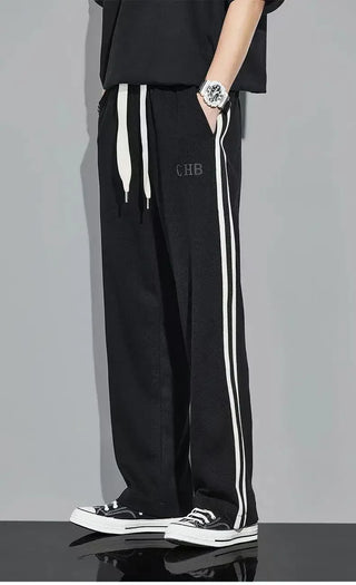 Fleece Thick Warm Straight Casual Pants Men Autumn Winter New Patchwork Striped Drawstring Waist Loose Versatile Sports Trousers