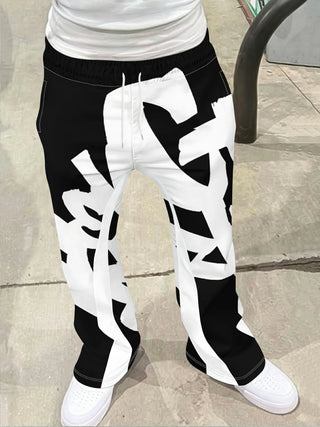 Men's Casual Street Style Trendy Cross Print Fashionable Slightly Flared Black and White Color-Block Design Sweatpants Men Pants