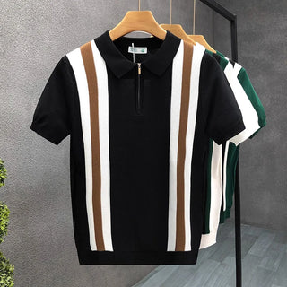 Luxury Contrast Color Striped Polo Shirt Mens Knitted Short Sleeve Zipper Polo Collar Shirt Summer Men Clothes Casual Knit Polos