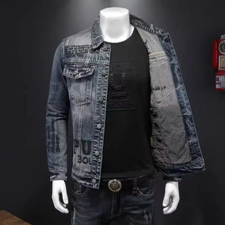 New men's denim jacket fashion casual lapel handsome motorcycle jacket high street retro trend loose denim top men's clothing