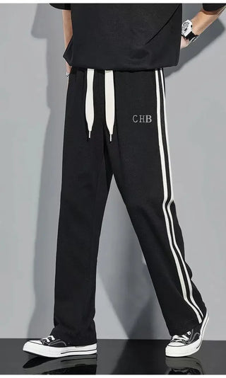 Fleece Thick Warm Straight Casual Pants Men Autumn Winter New Patchwork Striped Drawstring Waist Loose Versatile Sports Trousers