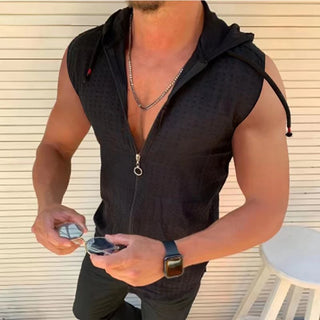 Short sleeved hooded zippered cardigan T-shirt for men's summer new fashionable plaid sleeveless t-shirt for men's lapel top