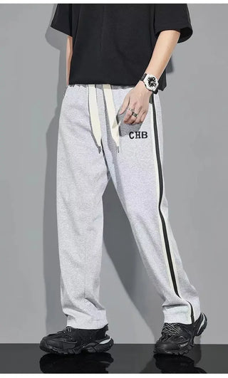 Fleece Thick Warm Straight Casual Pants Men Autumn Winter New Patchwork Striped Drawstring Waist Loose Versatile Sports Trousers
