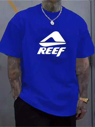 Men's summer 100% pure cotton fashionable casual loose geometric pattern REEF letter printed round neck short sleeved T-shirt