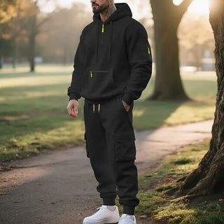 Autumn and Winter Printed New Men's Velvet Hoodie, Work Clothes, Pants Set, Sports Fashion, Leisure Multi Pocket 2-piece Set