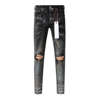 Fashion American Streetwear Distressed Vintage Men's Jeans Low Rise Stretch Skinny Button Fly Ripped Hold Pants