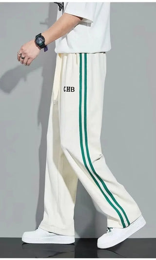 Fleece Thick Warm Straight Casual Pants Men Autumn Winter New Patchwork Striped Drawstring Waist Loose Versatile Sports Trousers