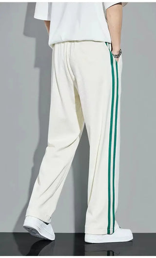 Fleece Thick Warm Straight Casual Pants Men Autumn Winter New Patchwork Striped Drawstring Waist Loose Versatile Sports Trousers