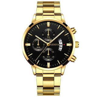 4pcs Luxury Men Business Quartz Watch Gold Alloy Roman with Calendar Wrist Watch Cross Necklace Bracelet Ring Set Men's Gift