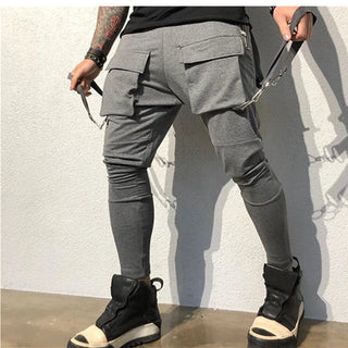 Mens Running Stretch Tights Sweatpants Sports Breathable Fitness Hip Hop Cotton Multi Pocket Cargo Pants Slim Leggings Chain