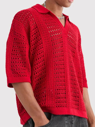 LVLAEA Hollow Out Mesh Men Spring Beachwear Pullover Polo-neck V-neck Open Short Sleeve Breathable Casual Crochet Top for Men